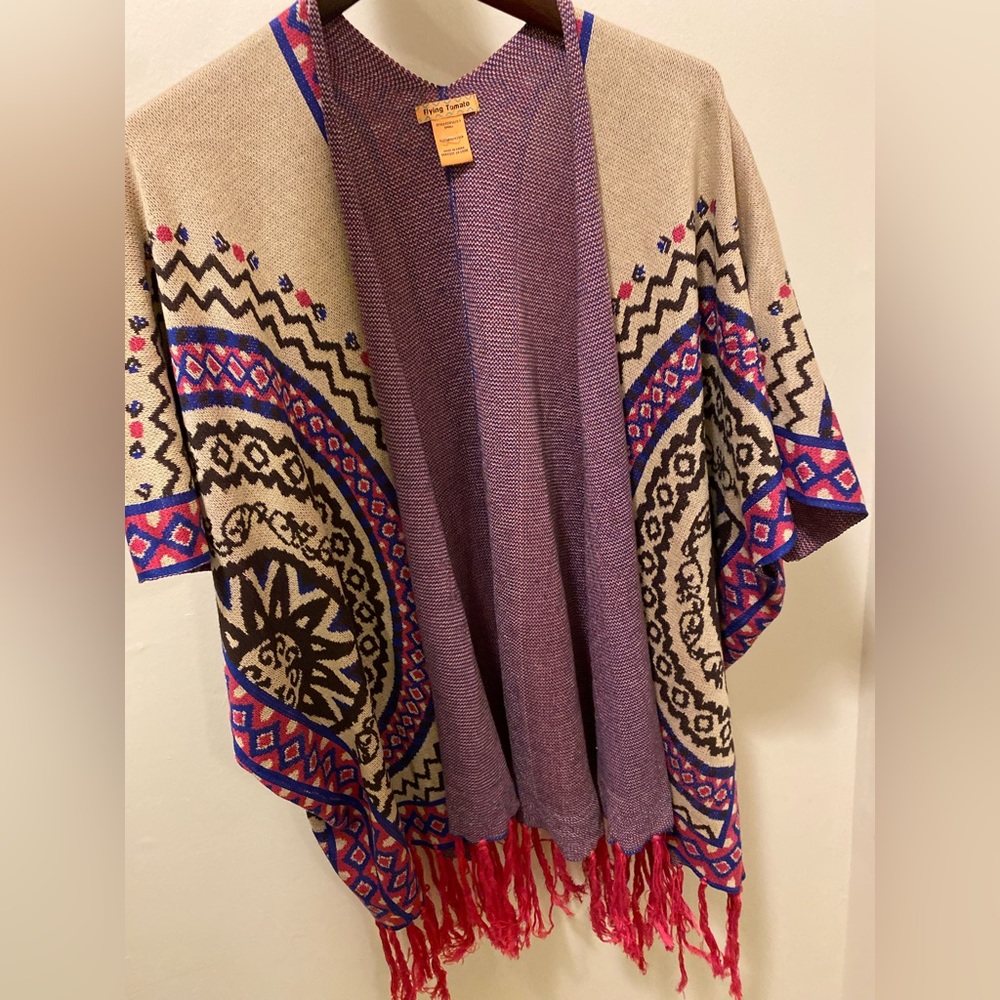 Open Front Aztec Pattern Poncho Sweater - Picture 2 of 9